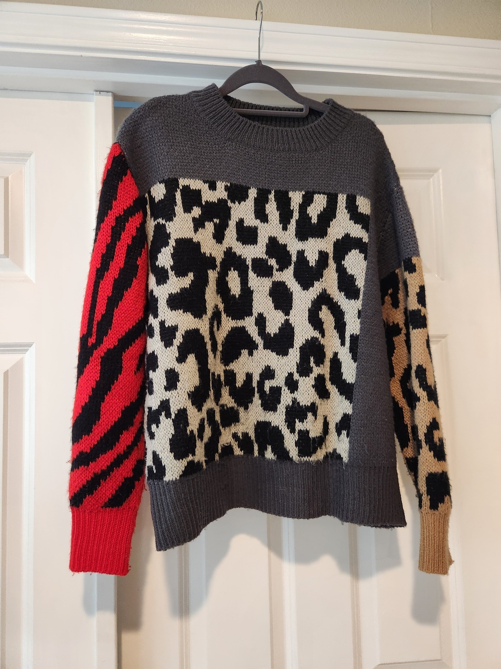 Mixed Animal Print Crewneck Sweater - Gray, Red, Tan